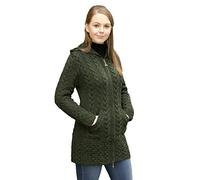 Aran Crafts Women's Irish Cable Knitted Hooded Zip Coat (100% Merino Wool) | Veste d'hiver 100 % laine mérinos, longueur 3/4, fermeture éclair celtique, fabriquée en Irlande