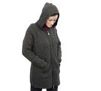 Aran Crafts Women's Irish Cable Knitted Wool Hooded Zip Coat (HD4025-XL-CHAR)