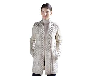 Aran Crafts Women's Irish Knit Edge to Edge Wool Cardigan Coat (X4693-LG-NAT)