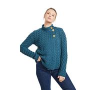Aran Woollen Mills Pull Cardigan Asymétrique en Laine Mérinos Irlandaise Multi Torsadée (Mer Bleue, L)