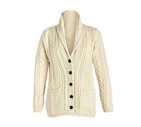 Aran Woollen Mills Pull Cardigan Irlandais en Tricot Torsadé en Laine Mérinos (Blanc, XXL)