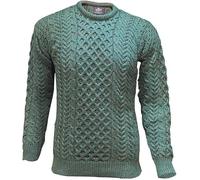 Aran Woollen Mills Pull unisex adulte - 100 % laine mérinos - col rond - manches longues - gris - hiver - classique - motif câble, Vert, XXL