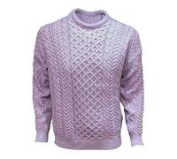 Aran Woollen Mills Pull unisex adulte - 100 % laine mérinos - col rond - manches longues - gris - hiver - classique - motif câble, lavande, L