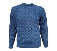 Aran Woollen Mills Pull unisex adulte - 100 % laine mérinos - col rond - manches longues - gris - hiver - classique - motif câble, XL