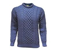 Aran Woollen Mills Pull unisex adulte - 100 % laine mérinos - col rond - manches longues - gris - hiver - classique - motif câble, bleu marine, XL