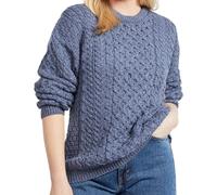 Aran Woollen Mills Pull unisex adulte - 100 % laine mérinos - col rond - manches longues - gris - hiver - classique - motif câble, denim, S