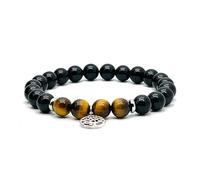 arana's® Bracelet Arbre de Vie avec Tourmaline Noire et Oeil de Tigre Qualité Level 1 Perles de Boules 8 mm Pierres Semi-Précieuses Energétiques pour Femme et Homme - Amulette Bonne chance, 19,50 cm,