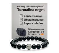 arana's® Bracelet médaille croix Saint Benito tourmaline noire - Fil élastique avec boules de 8 mm - Bracelets énergétiques pour femme et homme - Amulette contre les mauvaises énergies et le mauvais