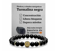 arana's® Bracelet médaille croix Saint Benito tourmaline noire - Fil élastique avec boules de 8 mm - Bracelets énergétiques pour femme et homme - Amulette contre les mauvaises énergies et le mauvais