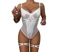 Aranmei Body pour femme avec haut sexy à armatures avec entrejambe à boutons-pression et bretelles de jambe et string, blanc, M