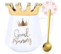 Arawat Good Morning Tazza Con Coperchio, Tazza Dolce Regalo Con Corona Bianca, Tazza Da Caffè Con Cucchiaio e Sottobicchiere 350 Ml In Ceramica, Regalo Di Compleanno Per Donne Ragazze Mamma Fidanzata