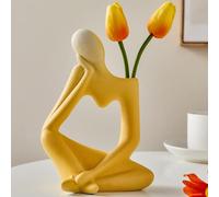 Arawat Penseur Vase Déco Salon Moderne Corps Vases pour Herbe de la Pampa Esthétique Vase Livre Face Vases Fleurs Céramique Livre Visage Tulipe Sculpture Déco Moderne Visages Fleurs Jaune 19 cm