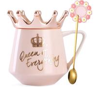 Arawat Queen of Everything Tazza Pink Con Coperchio - 350 Ml Ceramic Tea and Coffee Cup With Crown in Sweet Pink - Birthday Gift for Women Girls Mom Girlfriend