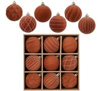 Arborus Lot de 9 boules de Noël en velours de 8 cm marron, incassables, floquées avec paillettes, Boules de Noël de luxe à suspendre pour décorations de sapin de Noël, couronnes, décorations festives