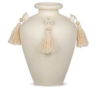 Arborus Vase beige - 24 cm - Vintage - Avec pompons - Style bohème - Vase décoratif rustique pour fleurs artificielles telles que tulipes, hortensia, herbe de la pampa, eucalyptus, rustique, bohème