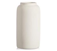 Arborus Vase en céramique de 24 cm, crème mat, rond, nervuré, haut pour fleurs, décoration d'intérieur bohème moderne pour table de salon, chambre à coucher