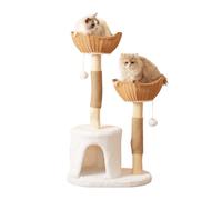 Arbre à Chat 108 cm, Tour de Jeu pour Chat en Bois Massif, avec 2 Poteaux à Griffer, 2 Nids, 2 Balles en Peluche et 1 Grotte, pour Chatons et Grands Chats