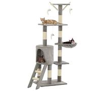 Arbre à Chat 138 cm Gris avec griffoirs en sisal, Maison Confortable, 3 Jouets Souris, Plates-Formes d'observation et espaces de détente pour Chat
