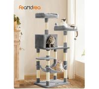 Arbre à Chat 141.8 cm, avec 11 Poteaux à Griffer, 2 Plateformes, 1 Niche, 1 Hamac, 2 Pompons, en Peluche, Gris Tourterelle