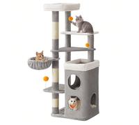 Arbre à Chat 152 cm de Haut, Tour de Jeux pour Chat à Plusieurs Niveaux, avec 2 Grandes Niches, 1 Hamac, 3 Poteaux à Griffer, 3 Plateformes, Gris Tourterelle Niche à deux niveaux : La niche du bas est