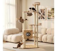 Arbre à Chat - 185 cm pour Chats d'intérieur avec 14 griffoirs Blancs, 1 Maison, 3 Capsules Transparentes, 3 perchoirs, 1 Grotte, Arbre à Chat en Bois (Couleur bûche 8782)