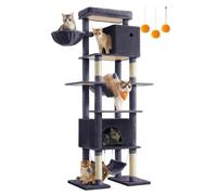 Arbre à Chat 201 cm Taille XXL Multi-Niveaux 1 Plateforme 1 Panier 2 Niches 2 Hamacs Dispositif Anti-Basculement Gris Foncé
