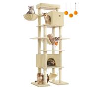 Arbre à Chat 201 cm Taille XXL Multi-Niveaux 1 Plateforme 1 Panier 2 Niches 2 Hamacs Dispositif Anti-Basculement Beige