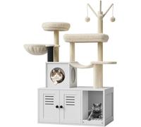 Arbre à chat avec armoire à litière, 146 cm de haut, maison pour chat en bois avec griffoir, balle suspendue, surface de grattage et perchoir supérieur, tout-en-un (blanc)