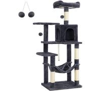 Feandrea Arbre à Chat Hauteur 143 cm, Tour de Jeux pour Chats, avec 4 Poteaux à Griffer, 2 Plateformes, 1 Niche, 1 Hamac, 2 Pompons, en Tissu Peluche, Multi-Niveaux, Gris Fumé PCT161G01