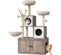 Arbre à Chat avec litière, Meuble Litiere Chat 140cm, Moderne Arbre Chats avec Kit Anti-Bascule, avec 2 Grandes Plateformes, 2 Armoires Cachées et des Balles Suspendues,Gris
