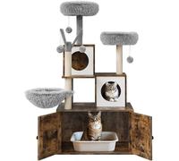 Arbre à Chat avec litière, Meuble Litiere Chat 140cm, Moderne Arbre Chats avec Kit Anti-Bascule, avec 2 Grandes Plateformes, 2 Armoires Cachées et des Balles Suspendues, Marron