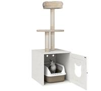PawHut Arbre à Chat avec Maison de Toilettes, Tour de Jeu 2-en-1, Niche pour Chat de 129 cm avec Cache-litière, poteaux à griffer, Plateforme, lit, crème
