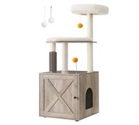 Arbre à Chat avec Maison de Toilettes Tour de Jeu Moderne 2-en-1 Niche pour Chat de 134 cm avec chache-litière poteaux à griffer perchoir Tapis lavables Gris 12_0003812