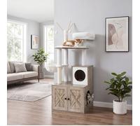Arbre à Chat avec Meuble Caché pour Litière, Tour Moderne avec Poteaux à Griffer, Bâtonnets de Pompon Amovibles, Grège
