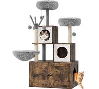 Arbre à Chat avec Meuble Litiere Chat, 140cm Armoire Litiere pour Chat, Niche, Tour de Jeu, Griffoir avec Maison de Toilette, 2 Grandes Plateformes, Balles Suspendues, Marron