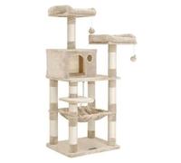 Feandrea Arbre à Chat Hauteur 143 cm, Tour de Jeux pour Chat, avec 11 Poteaux à Griffer, 2 Plateformes, 1 Niche, 1 Hamac, 2 Pompons, en Tissu Peluche, Plusieurs Niveaux, Beige PCT15BE