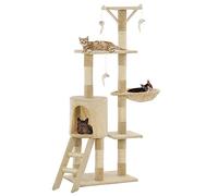 Arbre à Chat Beige 138 cm avec Maison, griffoirs en sisal, 3 Jouets Souris, Plates-Formes d'observation et espaces de détente pour Chat