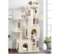 Arbre à chat beige - JOZSI - 156 cm de hauteur - 2 grandes niches 45x40x35 cm - Plateforme rembourrée 45x40 cm