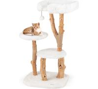 Arbre à chat COSTWAY 110cm, arbre à chat avec siège en peluche, 2 plates-formes & balle de jeu, tour pour chats avec poteau griffoir, meuble pour chats en bois massif blanc
