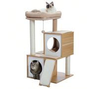 Arbre à chat de 89 cm, tour à chat avec deux niches, amovible, siège spacieux, griffoirs entièrement recouverts de sisal, boules suspendues remplaçables, beige Compact et complet : Une conception spéc