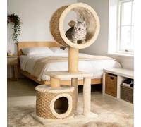 Arbre à chat de 95 cm avec tube rond en jonc de mer tissé à la main et cachette, arbre d'escalade avec griffoirs en carton sisal, arbre d'activité stable pour l'intérieur