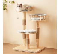 Arbre à Chat Design en Bois Massif - 98 cm de Haut, tremplin à 3 Niveaux, Coussins et balles de Jeu Amovibles, Imitation Nuage - Naturel, écologique, Utilisation, Arbre à Chat (Grey)