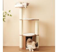 Arbre à Chat Design en Bois Massif - 98 cm de Haut, tremplin à 3 Niveaux, Coussins et balles de Jeu Amovibles, Imitation Nuage - Naturel, écologique, Utilisation, Arbre à Chat (Brown White)