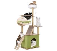 Arbre à chat d'intérieur en bois multi-niveaux avec griffoirs, capsule spatiale, copropriété, hamac et plateforme de saut (145 cm) (vert)