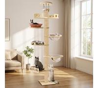 Arbre à Chat du Sol au Plafond 295-315cm, Hauteur réglable 7 Niveaux avec griffoirs en Corde de Chanvre, niches, Capsules, Plateforme, Tour d’activité pour Salon et Appartement (Couleur Bois Naturel)
