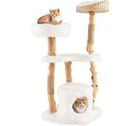 Arbre à chat en bois COSTWAY 124cm, arbre à chat avec grotte pour chats & siège en peluche & plate-forme d'assise, tour pour chats avec poteau griffoir en jute, meubles pour chats en bois massif, arbr
