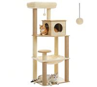 Arbre à chat en bois de 143 cm, griffoir moderne pour chat avec grand hamac et colonne en corde de sisal Construction solide : Un plateau épais et une base double épaisseur assurent la stabilité de l'