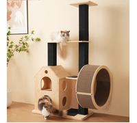 Arbre à chat en bois massif - 80×40×152 cm - 4 plateformes - 2 niches - poteaux en sisal