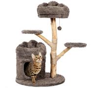 Arbre à chat en bois massif avec niche de luxe, arbre à chat moderne avec échelle en bois, griffoirs en sisal, plate-forme en peluche douce et perchoir supérieur, tour à chat pour grands chats