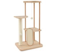 Arbre à chat en bois multi-niveaux avec perchoir rembourré, plateformes, jouets suspendus, griffoir en sisal et planche pour chats, idéal pour un usage domestique